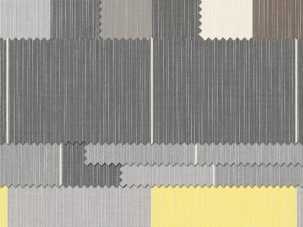 Verschiedene Stoffmuster in Schwarz, Grau und Gelb, in rechteckigen Formen angeordnet. Verschiedene Stoffmuster in Schwarz, Grau und Gelb, in rechteckigen Formen angeordnet.