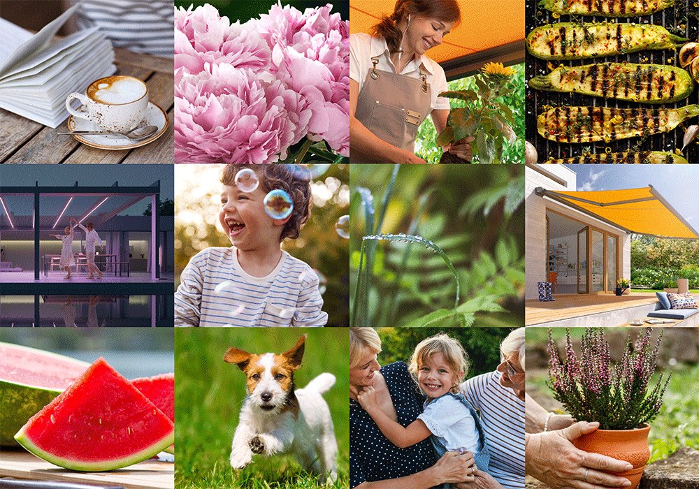 Eine Collage aus verschiedenen Bildern, darunter Blumen, Kinder, Lebensmittel und Terrassensituationen.