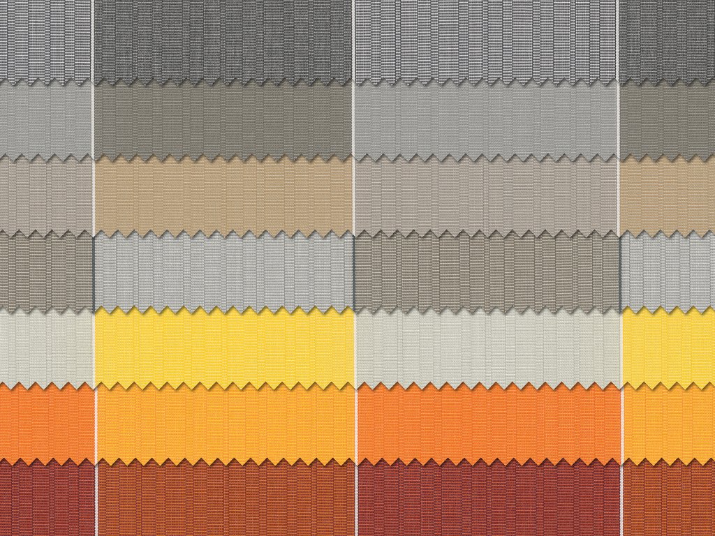 Eine Vielzahl von Stoffmustern in verschiedenen Grautönen und warmen Farben, mit gezacktem Rand. Eine Vielzahl von Stoffmustern in verschiedenen Grautönen und warmen Farben, mit gezacktem Rand.
