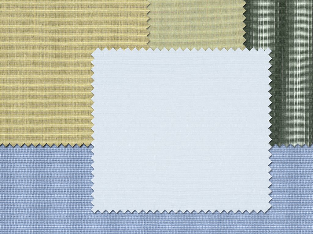 Farbige Stoffproben in unterschiedlichen quadratischen Formen, dominierende Farben sind Blau, Grün und Beige.