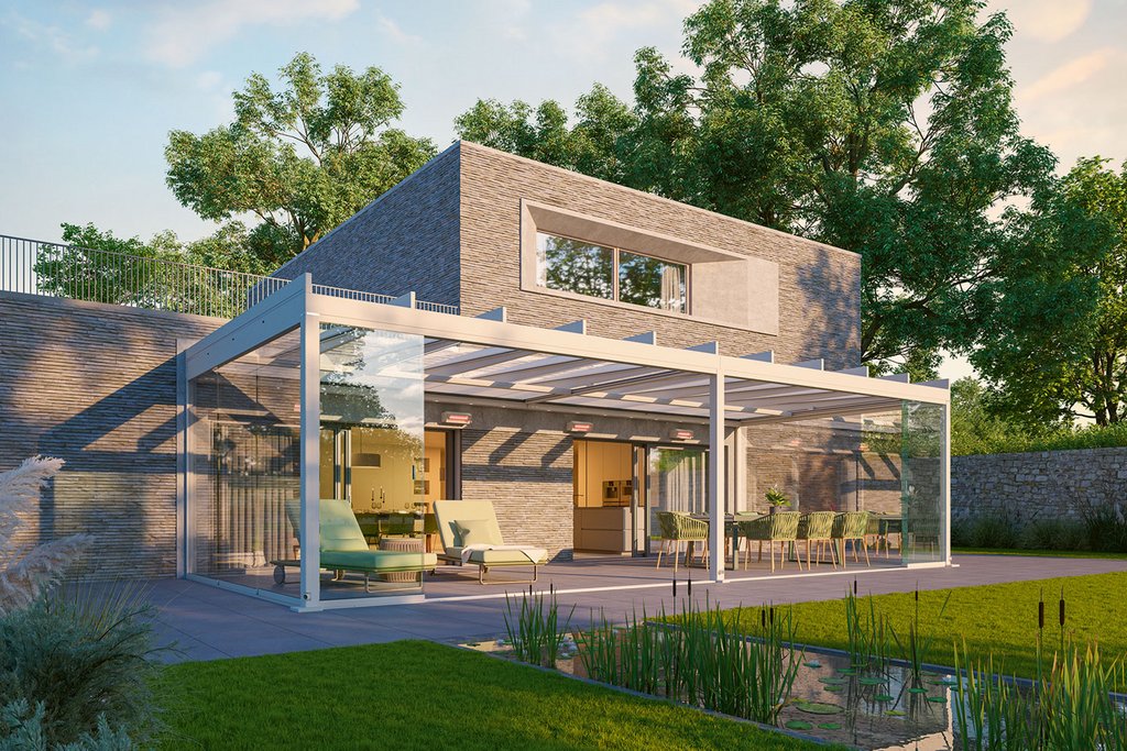 Moderne Architektur mit Überdachung, großen Fenstern und grüner Terrassensituation im Garten.