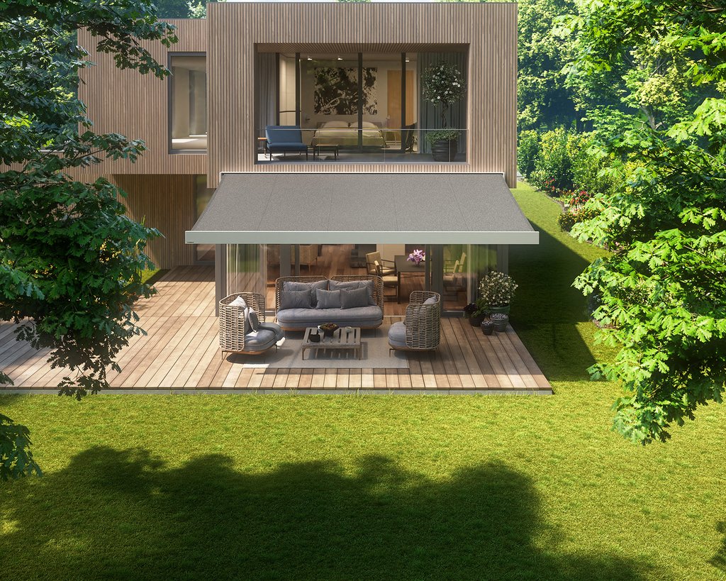 Moderne Fassade mit Überdachung und Terrasse, umgeben von grüner Vegetation. Moderne Fassade mit Überdachung und Terrasse, umgeben von grüner Vegetation.