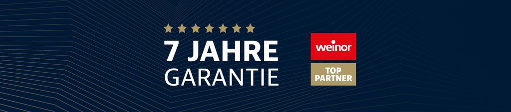 Blaues Hintergrunddesign mit Text: "7 Jahre Garantie" und Partner-Logo.