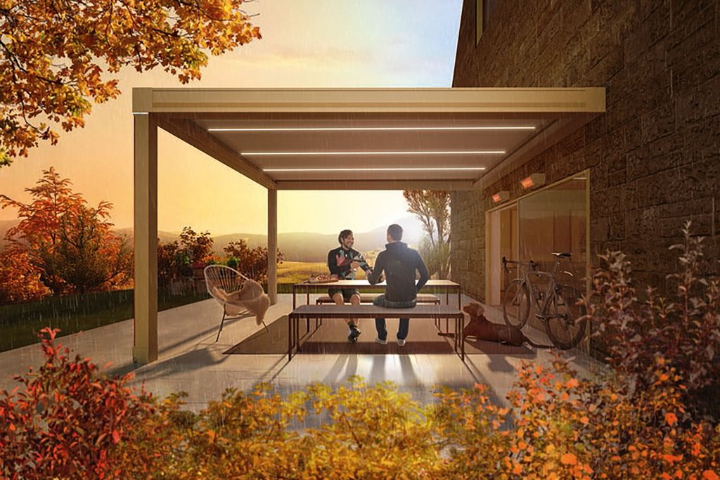 Überdachung mit rundem Design, darunter zwei Personen an einem Tisch, umgeben von herbstlicher Natur. Überdachung mit rundem Design, darunter zwei Personen an einem Tisch, umgeben von herbstlicher Natur.
