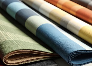 Gestreifte und gemusterte Markisentücher in verschiedenen Farben, darunter Blau, Grün und Orange, angeordnet. 