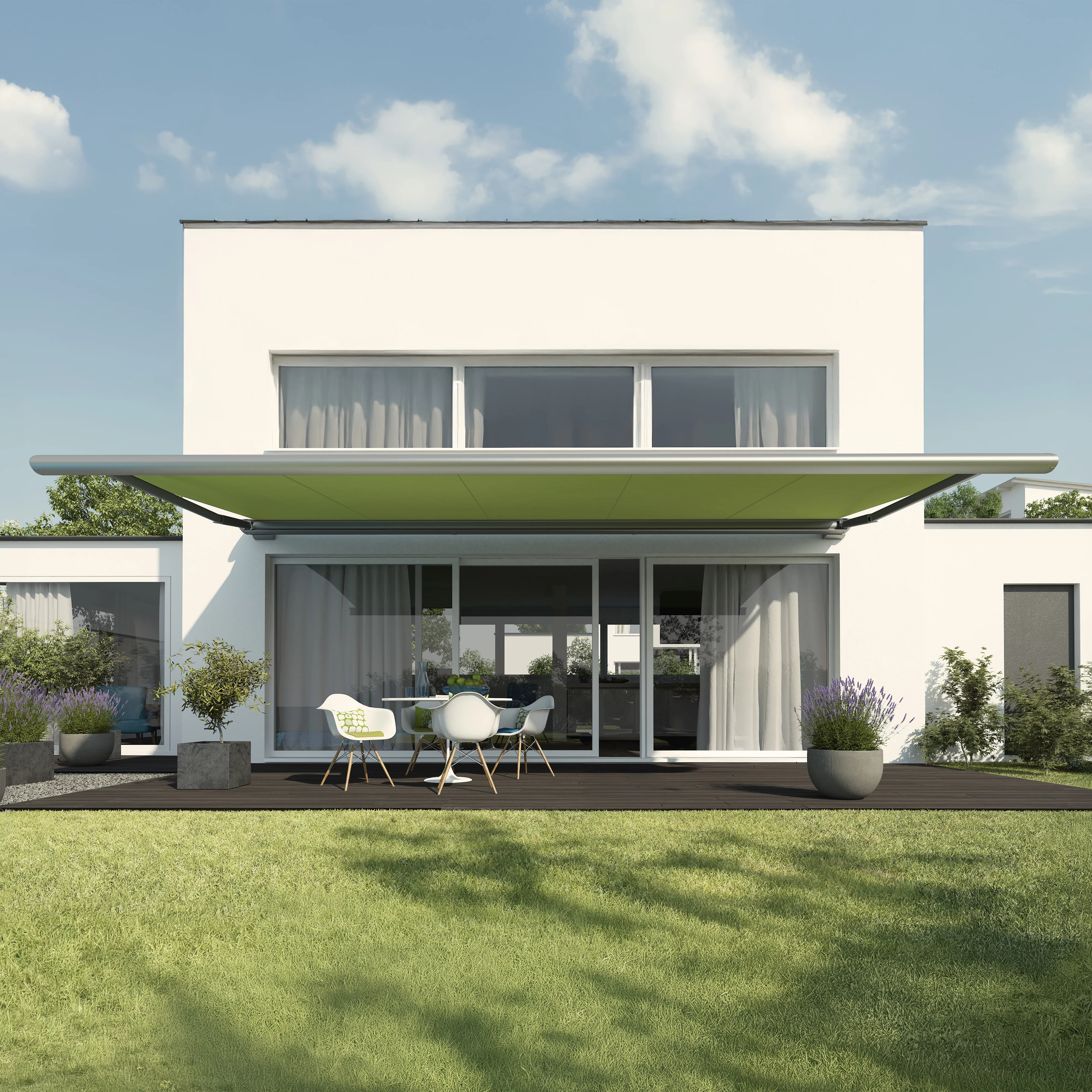 Moderne Architektur mit großer Überdachung und Glasfront, umgeben von Grünflächen und Pflanzgefäßen.