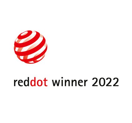 Rotes, spiralförmiges Design mit Text "red dot winner 2022" in Schwarz und Rot.