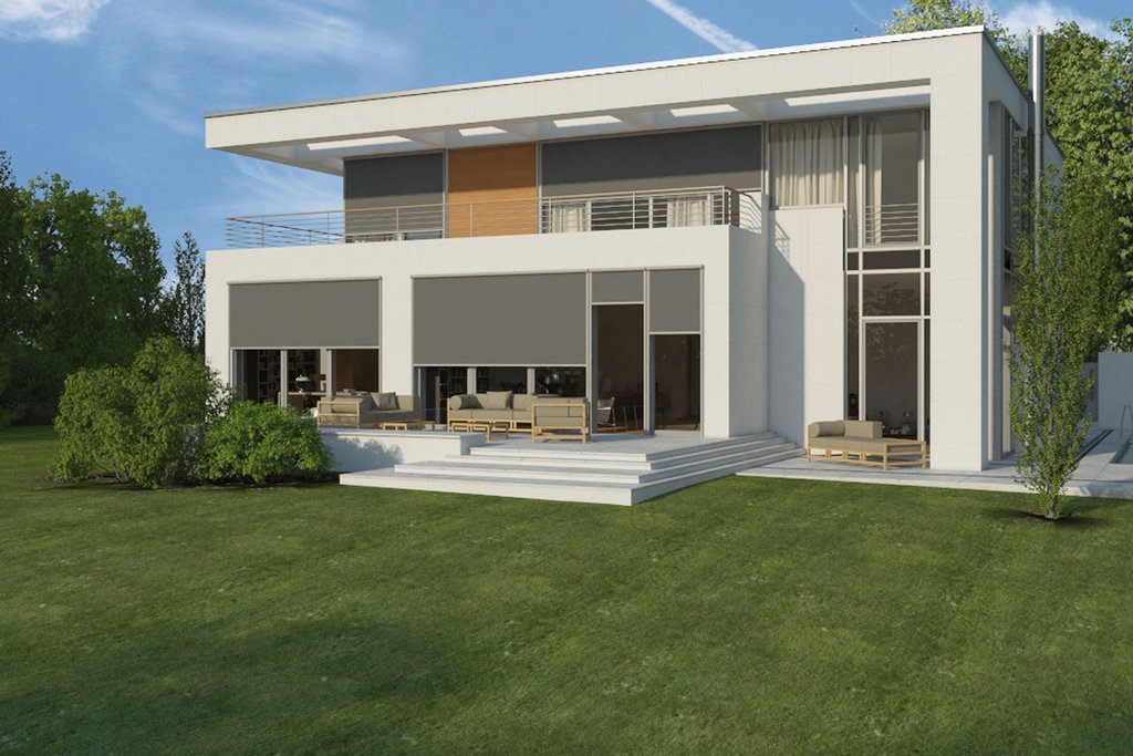 Moderne Hausfassade mit großen Fenstern, Überdachung und terrassensituation im Vordergrund. Moderne Hausfassade mit großen Fenstern, Überdachung und terrassensituation im Vordergrund.