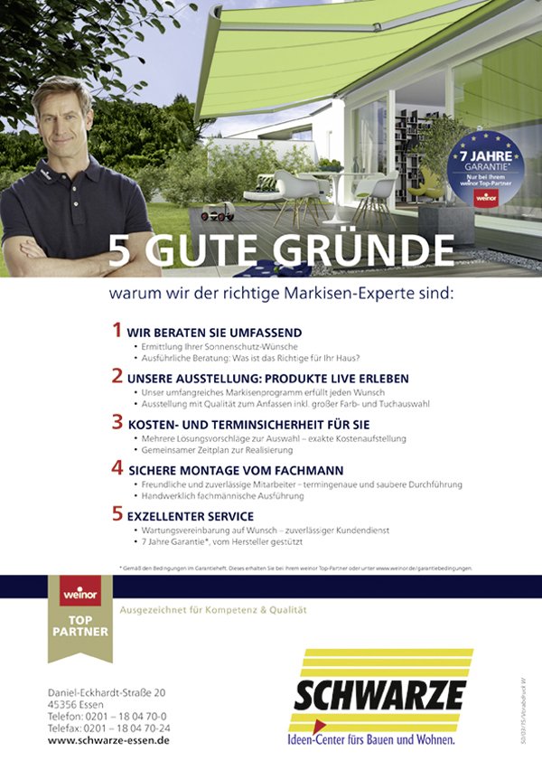 Ein Werbeplakat mit grünem Markisenstoff und Angaben zu Dienstleistungen im Bereich Markisen.